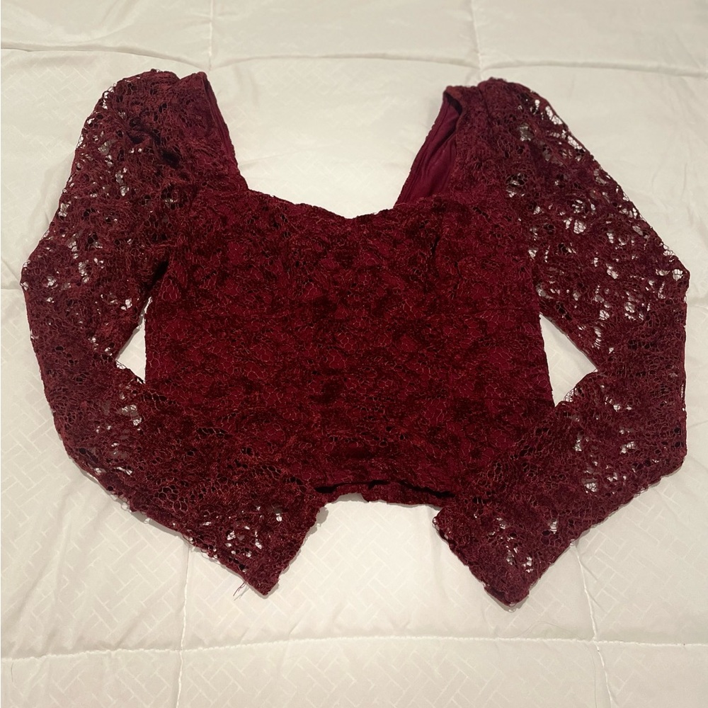 Anthropologie Sweetheart Lace Top Wine Long Sleeve - Picture 4 of 9